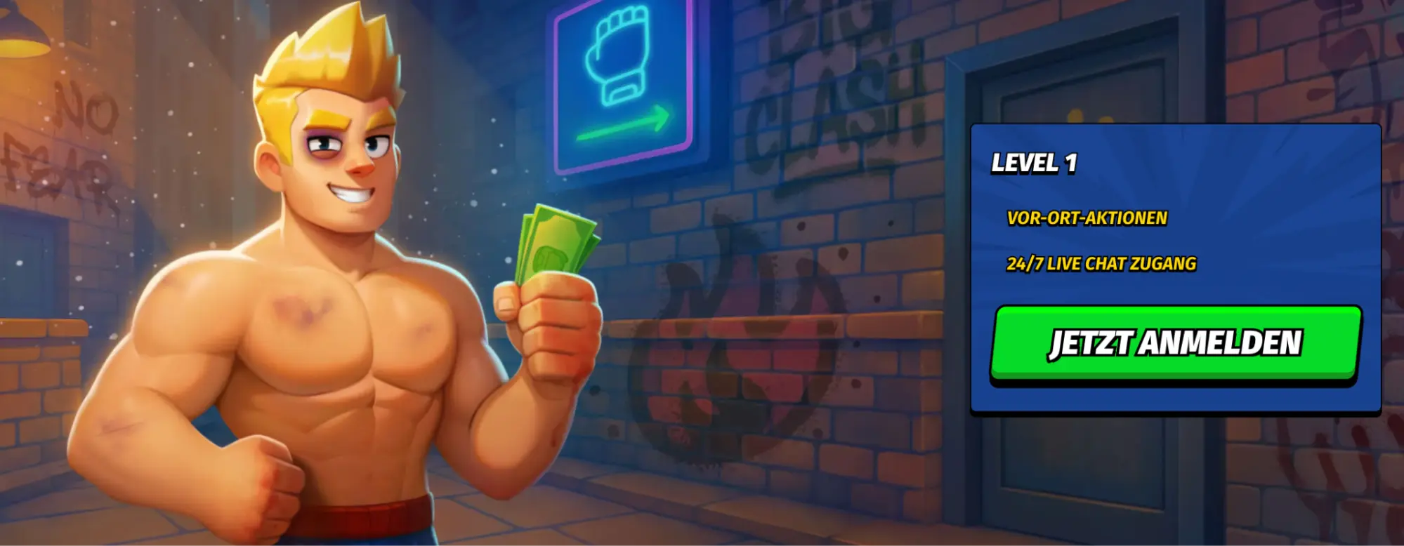 Level 1 Aktionen BigClash BigClash Figur mit Geldscheinen vor Backsteinwand